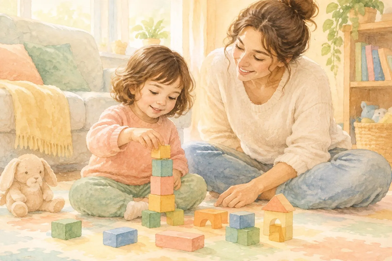 Toddler stacking colorful wooden blocks while a caregiver watches and encourages